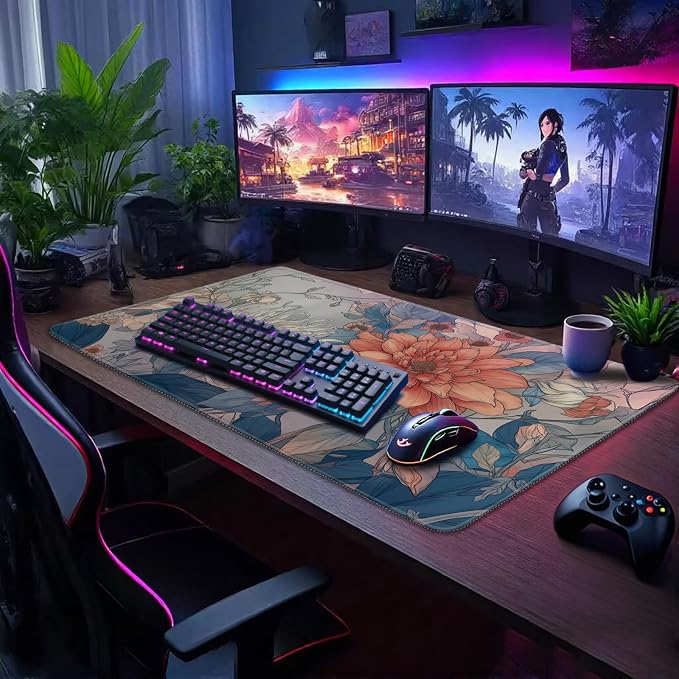 Japanese Floral Large Gaming Mouse Pad Desk Mat 31.5"x15.7" | Extended Mousepad, Non-Slip Rubber Base , Stitched Edges, for Computer/Laptop/Office/Home - Image 2