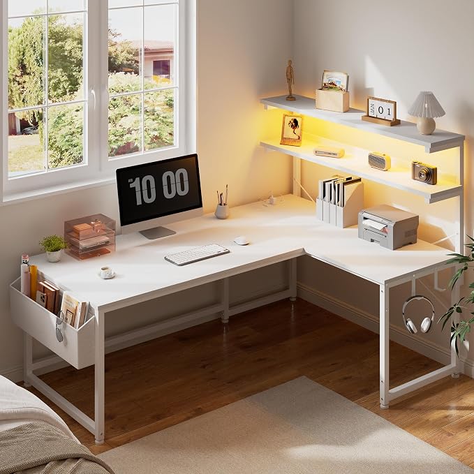 DurayLoly 53"White L Shaped Desk with LED Light & 5 Power Outlet for Gaming - Image 9