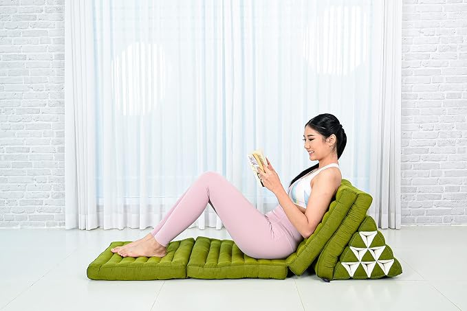 Leewadee Comfortable Japanese Floor Mattress - Thai Floor Bed with Triangle Cushion - Futon Mattress - XL Extra Long Thai Massage Mat, 89 x 20 inches, Green, Kapok Filling | Floor & lounge cushion for relaxing, reading & TV - for meditation & yoga, fir... - Image 3