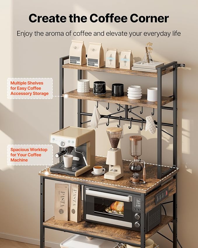 VEVOR Kitchen Bakers Rack with Power Outlets, 31.5 x 15.7 x 63.7Inch Microwave Stand with Built-in Power Strip & 5 Ft Cord, 12 S-Shaped Hooks, for Dish Storage, Spice Jars, Coffee Bar Organization - Image 5
