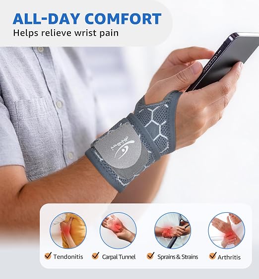 HiRui Upgraded 3D Knit Breathable Wrist Brace Wrist Wrap, Extended Length Adjustable Compression Strap, Elastic Support for Wrist Pain Relief, Carpal Tunnel, Sports, Gym & Daily Use (1, Gray) - Image 5