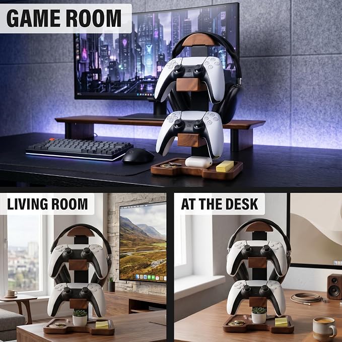 Gaming Equipment Headset Stand with Dual Controller Organizer Rack & Storage Base, Headphone Stand Gamer Gifts for Men Teenage Boy, Unique Gifts for Gamers to Organize Gaming Accessories (Brown Wood) - Image 6
