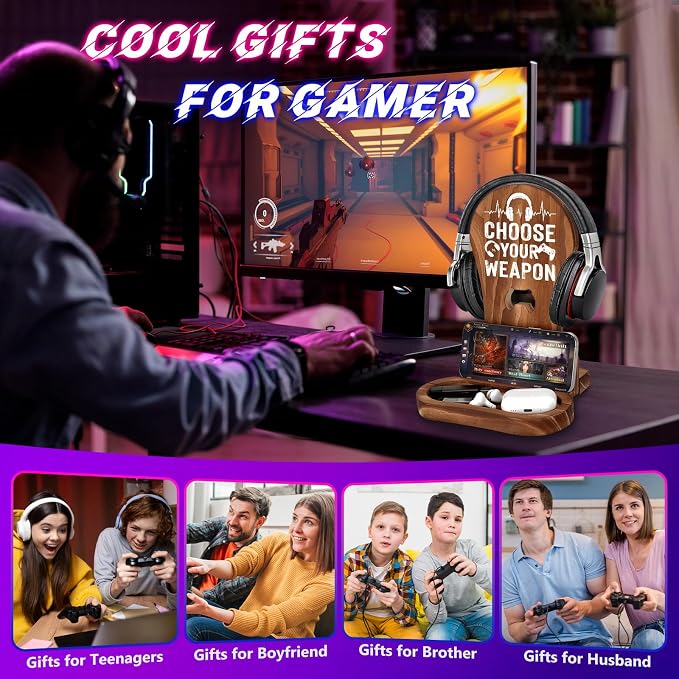 CryCarrot Gaming Birthday Gifts for Men Son Boyfriend Husband Game Lover | Gamer Gifts for Teenage Boys Gamer Room Decor Wood Headset Stand for Gaming Christmas Desk Decor - Image 6