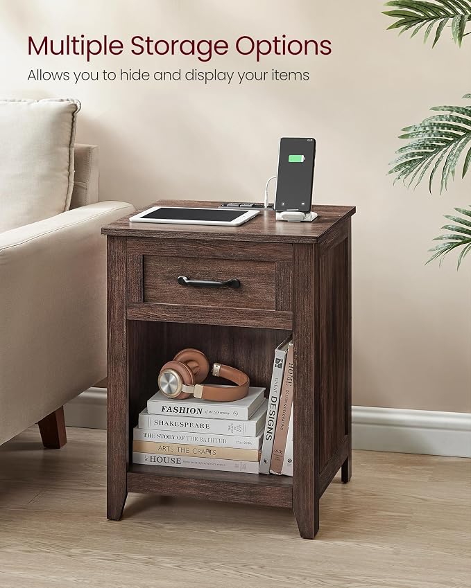 VASAGLE Farmhouse Nightstand with Charging Station, 1 Drawer - Image 5