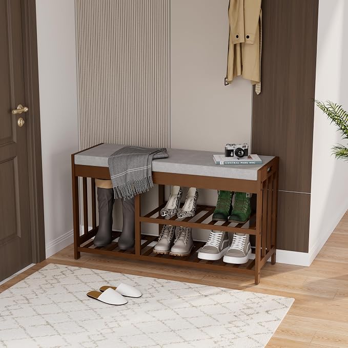 Bamboo Shoe Storage Bench with Cushioned Seat 3-Tier Entryway Shoe Rack by HEALTHYYOU