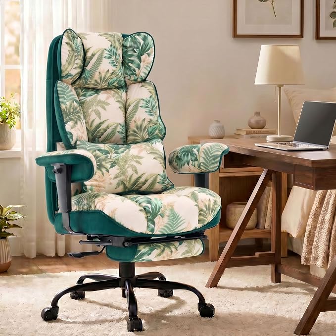 Efomao Watercolor Fabric Executive Office Chair Home Foot Rest, Green | Soft Breathable Computer Desk Seat, Plush Comfy Cushion, Aesthetic Pastel Floral Patterns for Studio Vanity Cozy Setup by OFFICECHAIR