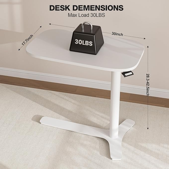 Muvai Overbed Bedside Table with Hidden Casters,30 Inches Adjustable Height Pneumatic Mobile Laptop Standing Desk, Rolling Computer Table for Home & Hospital Use ，White 30" W x 17.7" D - Image 3