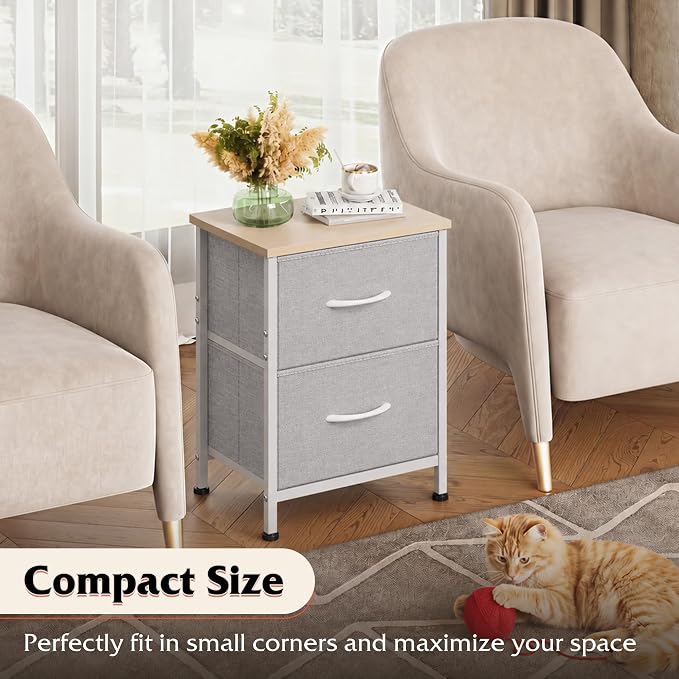 WLIVE Night Stand, Gray Nightstand with 2 Fabric Drawers, Small Dresser for Bedroom, Closet, College Dorm, End Table Side Furniture, Wood Top, Light Grey - Image 7
