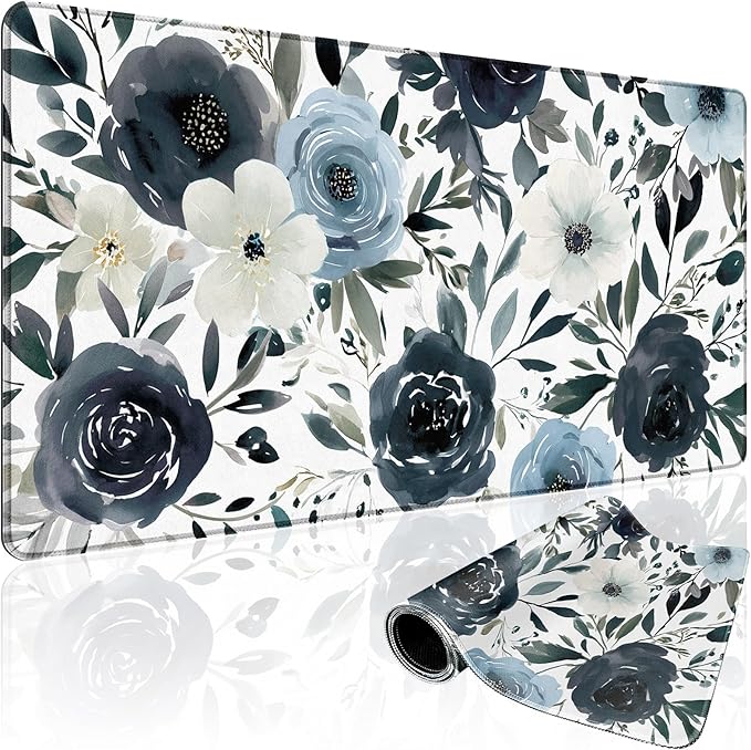 Navy Blue White Floral Large Gaming Mouse Pad Desk Mat 31.5x15.7 | Extended Mousepad, Non-Slip Rubber Base , Stitched Edges, for Computer/Laptop/Office/Home by Mcapirivo