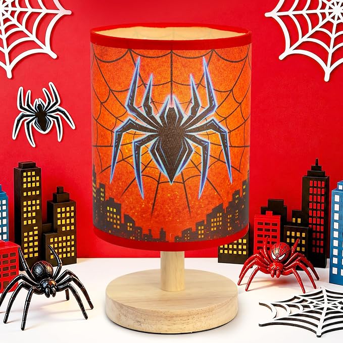Spider Table Lamp for Boys - Spider Night Light & Bedroom Bedside Lamp with Linen Lampshade and Wooden Stand, Cartoon Nursery Lamp for Desk, Home Decor - Image 2