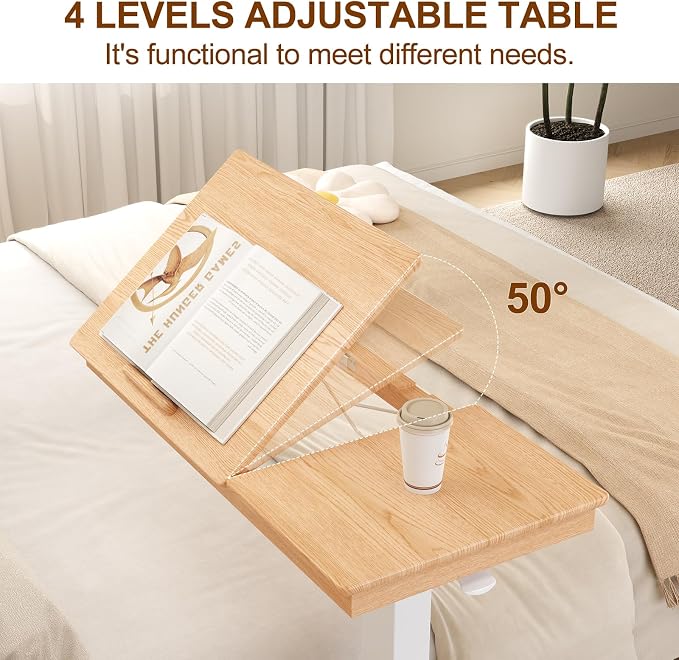 Muwuele Solid Wood Overbed Bedside Table with Wheels, Adjustable Medical Tilt Top Hospital Bed Table Over The Bed, Rolling Laptop Desk, Mobile Standing Desk for Hospital and Home Use (Natural) - Image 5