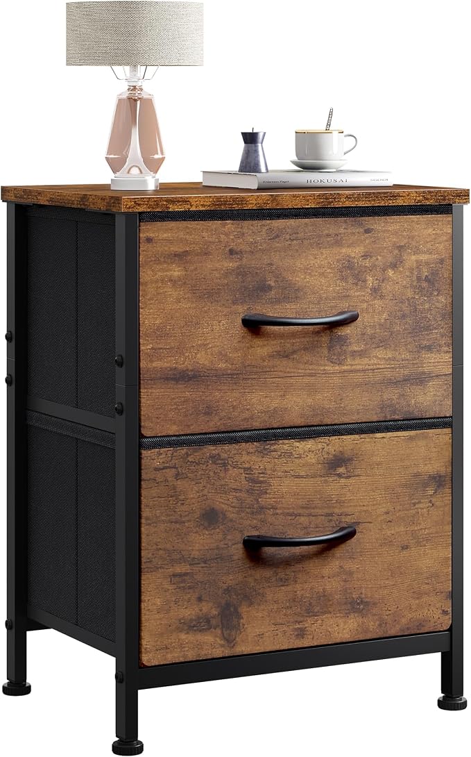 WLIVE Night Stand, Small Dresser with 2 Drawers & Wooden Top, Nightstand with Fabric Bins, Bedside Table End Table for Bedroom, Closet, Entryway, College Dorm, Rustic Brown by WLIVE
