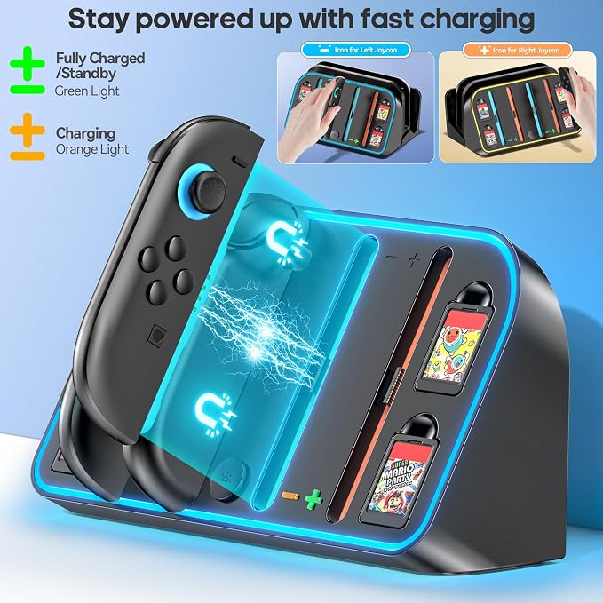 Switch 2 Wall Mount Charging Dock for 2025 Joycon 2, Wall Mount Kit Shelf for Nintendo Switch 2 Accessories, RGB Charger Dock Station with 4 Game Storage Holder for Nintendo Game Console Holder Stand - Image 3