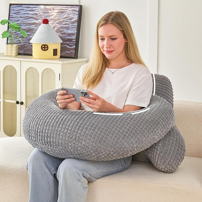 17" Reading Pillow for Bed,U Shaped Arm & Elbow Support,Gray Flannel | Backrest Supports Back,U shaped Lap Pillow Cushions Arms,Elbows & Wrists,Soft Flannel for Reading,Gaming,Watching TV by PAJEO