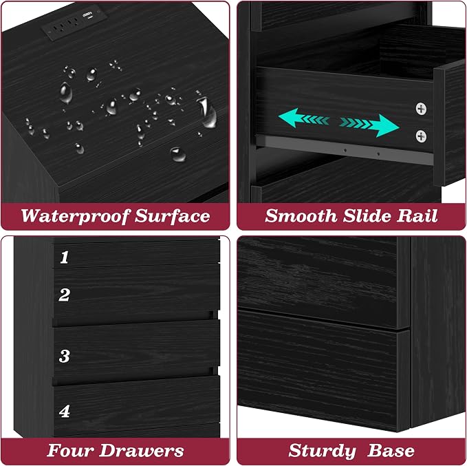 Nightstand with Hidden Lock Gun Drawer, 4 Drawers Night Stand with Charging Station, Modern Night Stand for Bedroom, Office, Black - Image 7