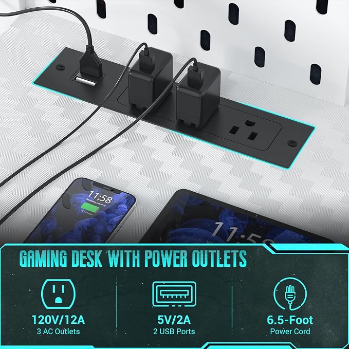 Besiost Gaming Desk with Hutch and LED Lights, Gaming Computer Desk with Power Outlets, Gamer Desk with Storage Shelves, PC Game Desk with Pegboards for Bedroom, Carbon Fiber White, 49" - Image 7