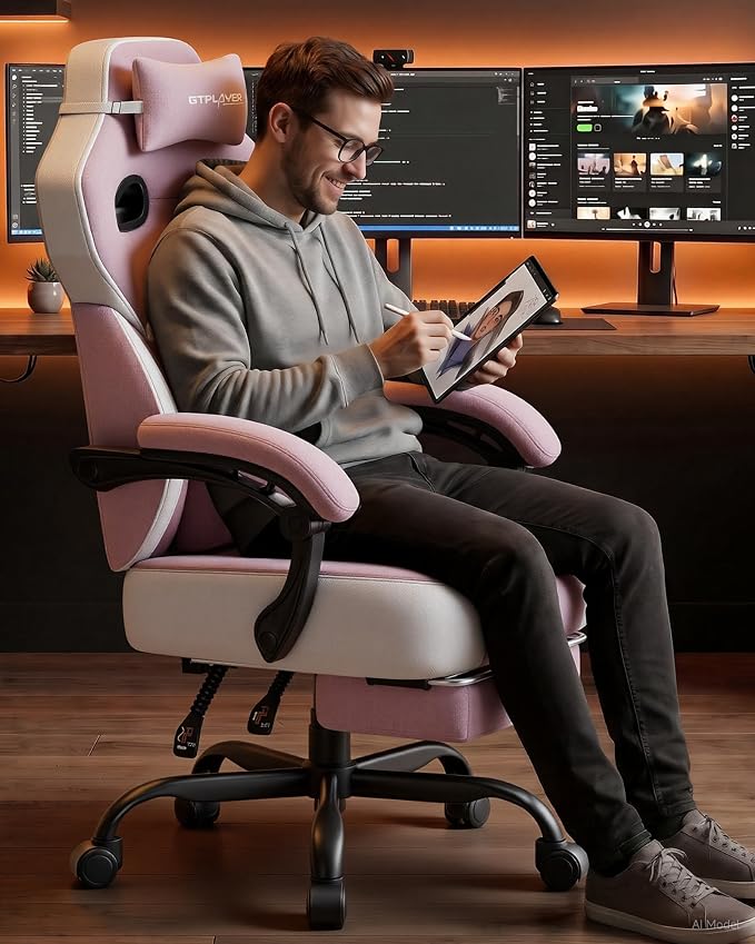 GTPLAYER Big & Tall Gaming Chair, Wide Seat with Footrest, Pink | Ergonomic High Back Computer Desk Chair for Adults, Comfort Padded Seat with Lumbar Support Armrests Recliner for Office/Home - Image 2