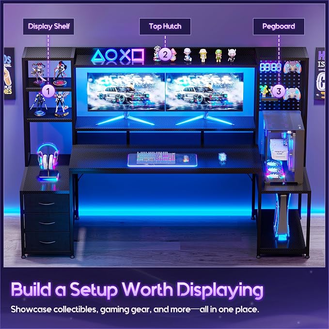 AODK 76 Inch Gaming Desk with Storage Shelves, LED Lights, 3 Drawers | PC Desk with Hutch & Pegboard & Large Desktop, Reversible Computer Desk for Home Office, Carbon Fiber Black - Image 4