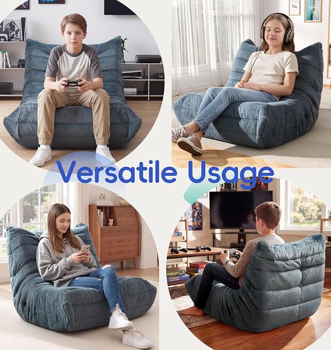 Hobestluk Medium Bean Bag Chairs Lounge Floor Chair BeanBag Couch Togo Sofa | Ergonomic Design,Memory Foam,No Assembly,Faux Fur Fireside Chair Back Support for Reading Playroom | Bluegrey Plush Medium - Image 5