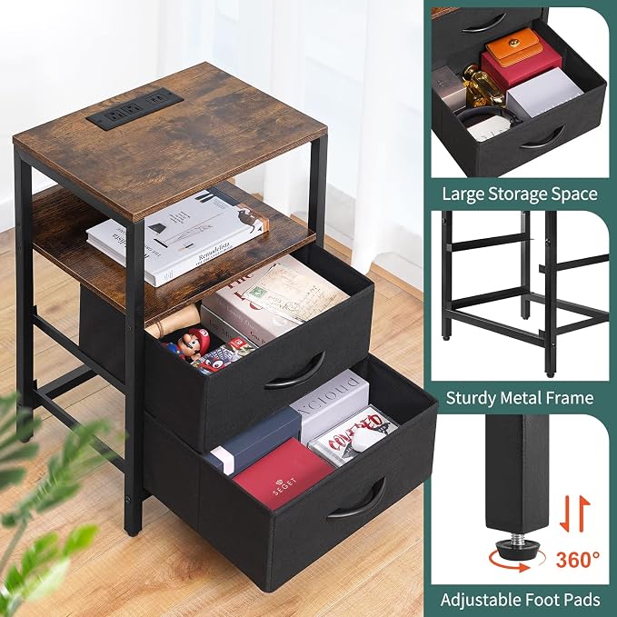 Yoobure Nightstand with Charging Station, Small Night Stand with Fabric Drawers and Storage Shelf for Bedrooms, Nightstands for Small Spaces, Bedside Table with USB Ports & Outlets, Bed Side Table - Image 7
