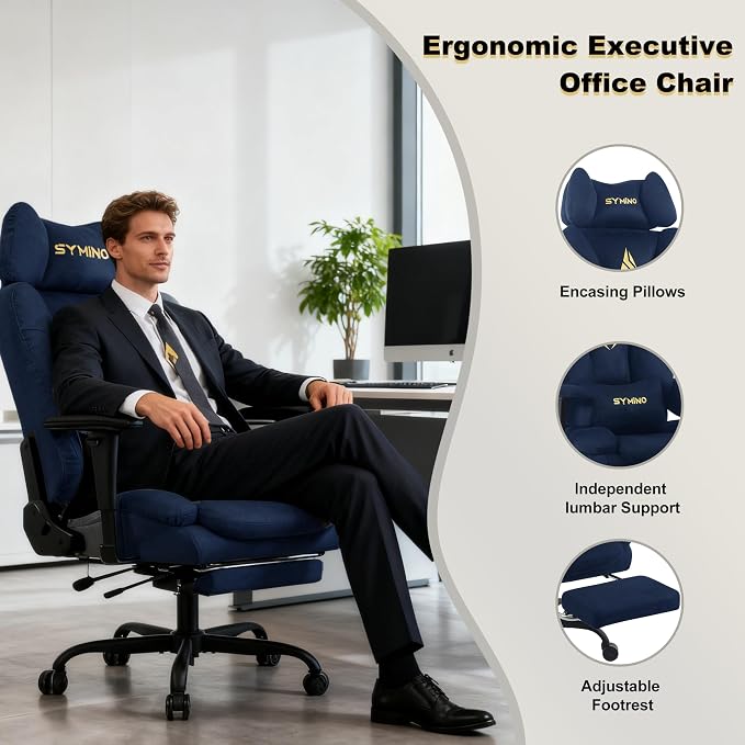 Symino Ergonomic Gaming Chair with Footrest – Office Gaming Chair Reclining 90-155° with Adjustable Armrests – Adults up to 130 kg - Image 5