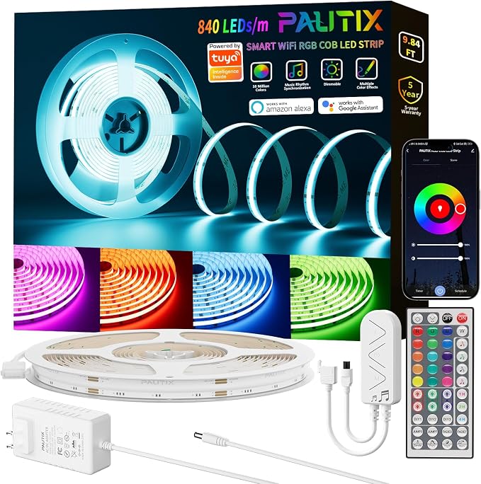 PAUTIX RGB COB LED Strip Light 9.84ft/3m,UL Listed 840LEDs/m 24V Color Changing Strip Light,Work with Alexa/Google Assistant/Tuya Multicolor Flexible Tape Light,for TV,Bedroom,Party DIY Decoration by PAUTIX