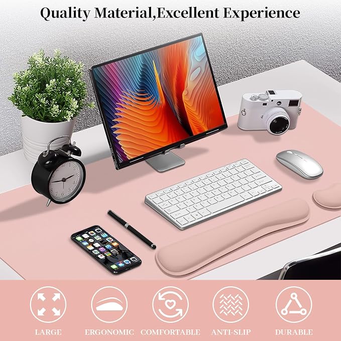 Desk Mat Set,3-in-1 Mouse Pad with Wrist Rest and Keyboard Pad | 31.5" x 15.7" Ergonomic Keyboard and Mouse Pad Set, Memory Foam Keyboard Wrist Rest, Waterproof Computer Mat, Pink - Image 2