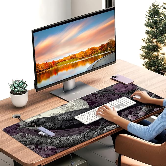 XXL Gaming Mouse Pad, Gothic Raven Moon Design with Purple Floral, 35.4 x 15.7 Inches, Non-Slip Rubber Base, Waterproof Surface，A Keyboard and Mouse Accessory Suitable for Home Gaming and Work. - Image 2
