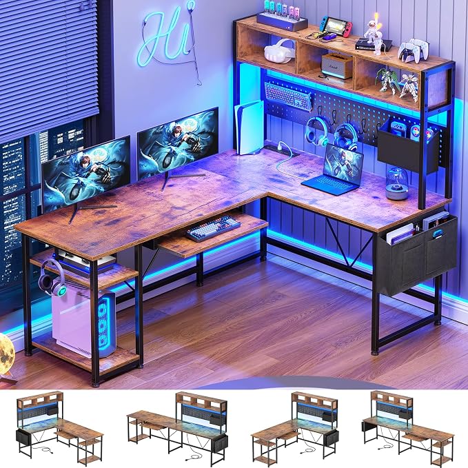 SEDETA L Shaped Gaming Desk with Hutch, 57.5” Reversible Corner Computer Desk with Storage Shelves, Gaming Desk with Pegboard, LED Lights, Power Outlet, Keyboard Tray (Rustic Brown) by SEDETA