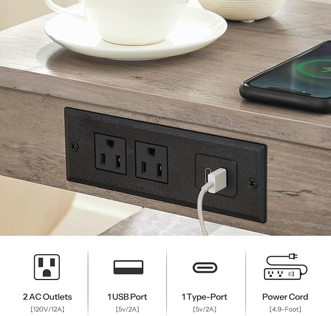 HOOBRO Side Tables Set of 2 with Charging Station and USB Port, Small End Tables for Small Space, 3-Tier Nightstands with Adjustable Shelf, for Living Room, Bedroom, Greige and Black BG112BZP201 - Image 4
