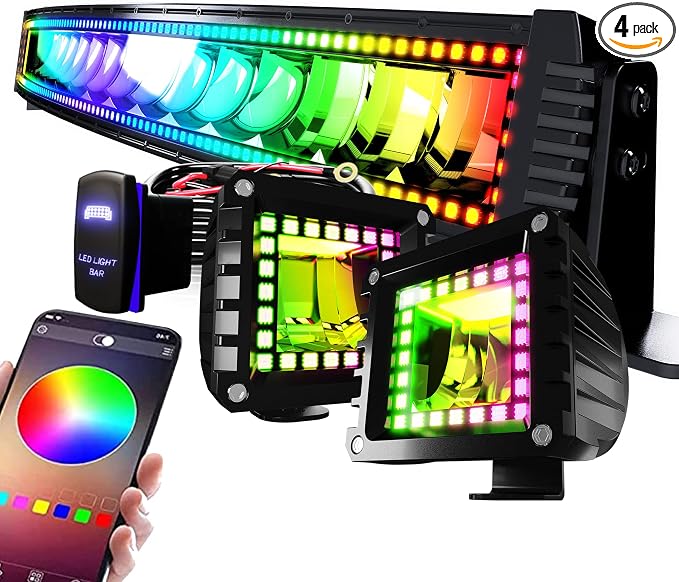 32" Curved LED Light Bar 2X 4 Flood LED Pods with Chasing RGB Halo by FEELON