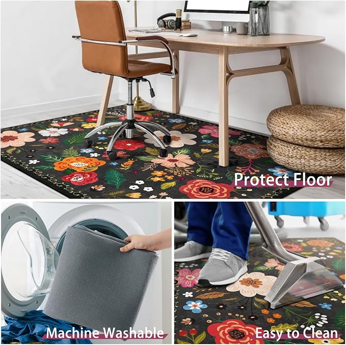 Office Chair Mat for Hardwood & Tile Floor,Boho Floral 60"x48" Office Computer Chair Mat for Rolling Chairs,Under Desk Non Slip Gaming Rug,Rubber Backing Large Low-Pile Carpet Protector Mat(Black) - Image 6