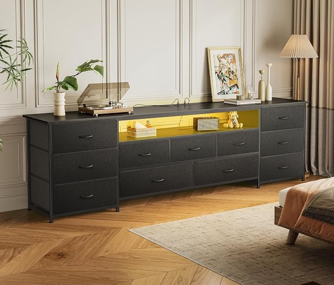 Huuger 78.7 Inch TV Stand for 75, 80 Inch TV, 11 Drawer Long Dresser with Power Outlets and LED Lights, Entertainment Center with Storage, Black Dresser with PU Leather Surface - Image 7