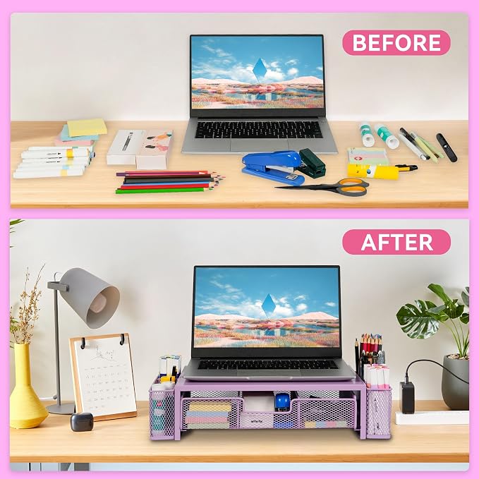 Qupui Computer Monitor Stand Riser with Drawer and Pen Holders, Desk Organizer Shelf and Accessories, Office Desk Accessories, Office Organization, Purple - Image 3