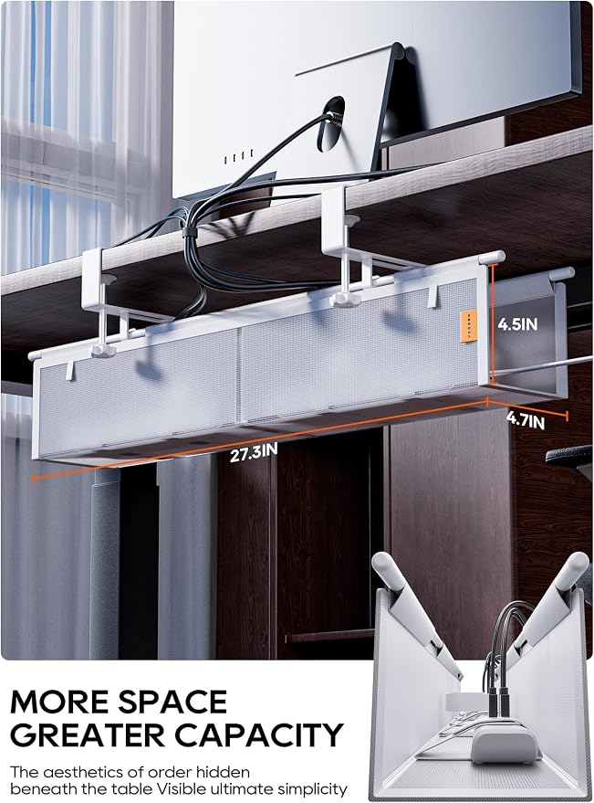 27" No Drill Under Desk Cable Management Tray (White) - Image 2