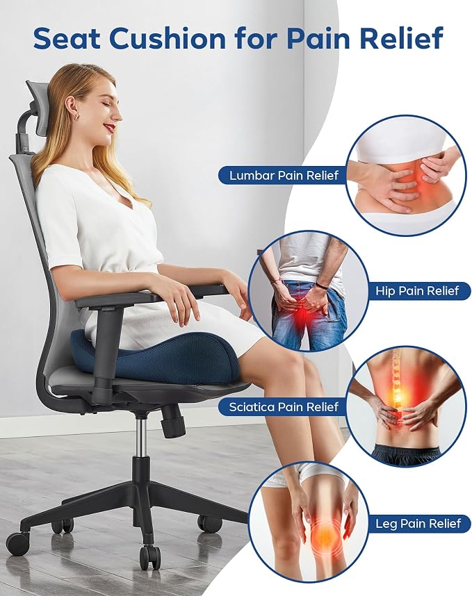 Feagar Seat Cushion - Memory Foam Ergonomic Seat Cushion -for Long Sitting | Seat Cushion for Tailbone Pain Relief - for Desk Chair, Car& Wheelchair Car Seat Pad for Hip and Lower Back Comfort Blue - Image 2