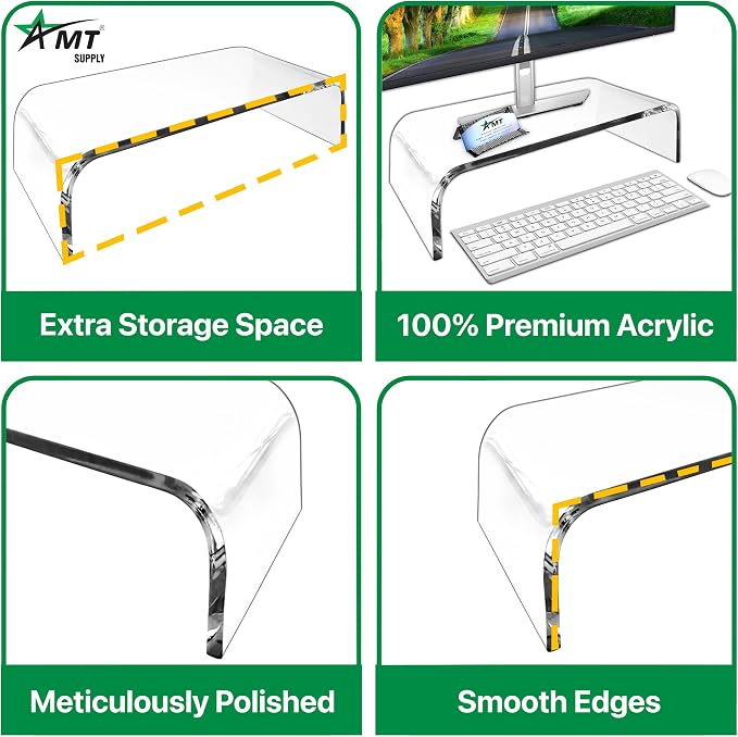 AMT 16 Inch Acrylic Laptop Monitor Stand, Computer Riser with Cat Keyboard Protector, Space-Saving Design, Extra Storage, Clear Shelf - Ideal for Monitors, Laptops, Printers, Desktop Decor - Image 4