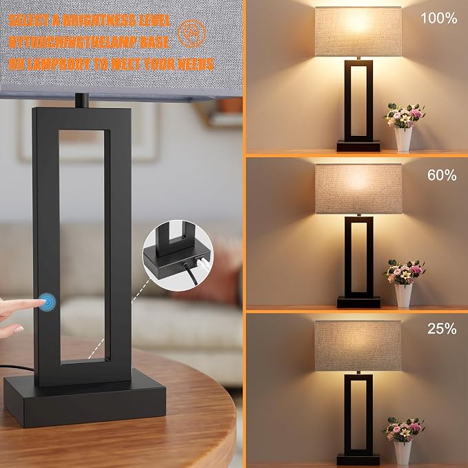 Seealle 22" Tall Living Room Lamps for Night Stands - Touch Bedside Lamp with USB C+A, 3 Way Dimmable Bedroom Lamps for End Tables Set of 2, Modern Night Stand Lamps for Bed Side(Grey&Black) - Image 3