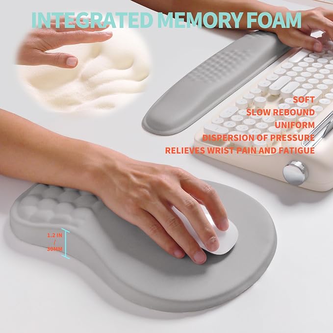 2-in-1 Ergonomic Set, Wave Rise Keyboard Wrist Rest and Massage Bulge Slope Mouse Pad Wrist Support, Cushion Memory Foam Integrated to Relieve Wrist Pain, Silver Gray - Image 4