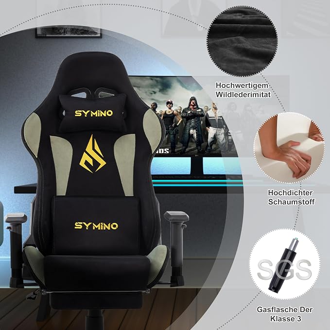 Symino Gaming Chair, High Back Ergonomic Office Chair with 2D Adjustable Armrests, 150° Recline, Breathable Faux Suede, Adjustable Headrest & Footrest for Home Office - Image 7