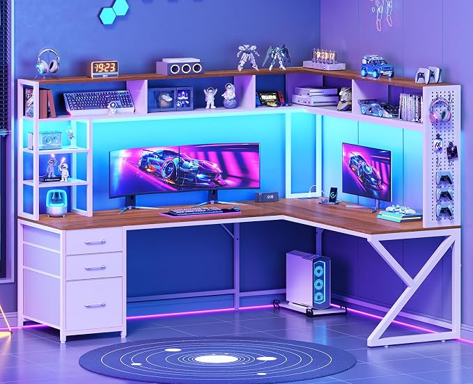 SEDETA L Shaped Gaming Desk with Storage Drawers and Hutch, Convertible 94.5" Computer Desk with Drawers, Corner Computer Desk with Power Outlet, LED Lights, Pegboard for Home Office, White and Brown by SEDETA