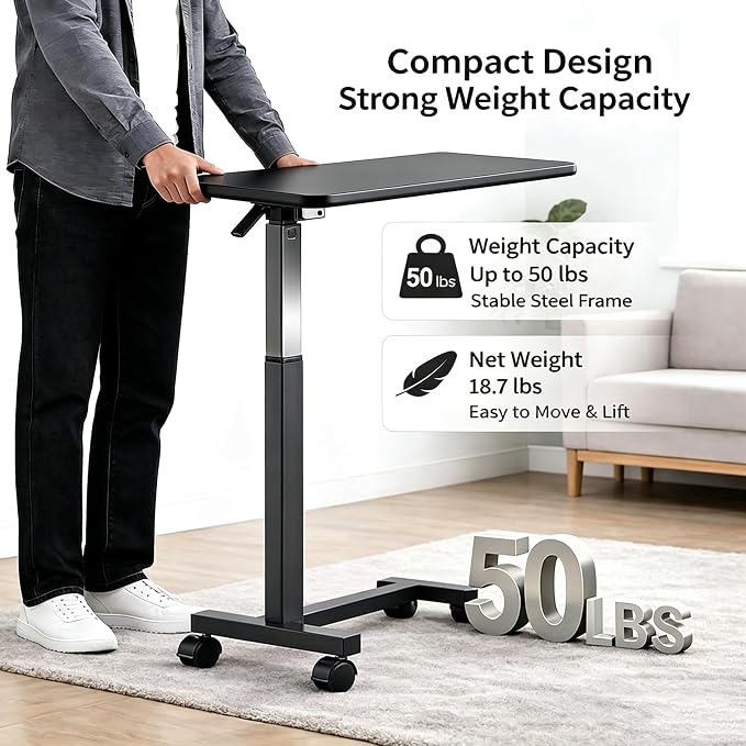 Adjustable Overbed Table with Wheels, Pneumatic Height Lift Rolling Bedside Table, Standing Desk for Home & Office Use, Ideal for Seniors & Limited Mobility (Black) - Image 3