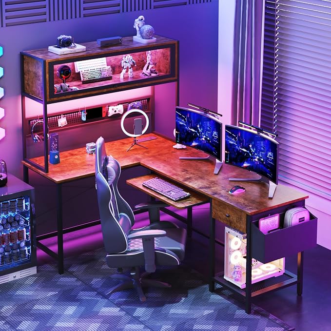 L Shaped Gaming Desk with Power Outlets & LED Lights, 49'' Reversible Computer Desk with Hutch & Pegboard & Display Cabinet, Corner Home Office Desk with Drawer & Keyboard Tray & Storage Bag, Rustic - Image 2