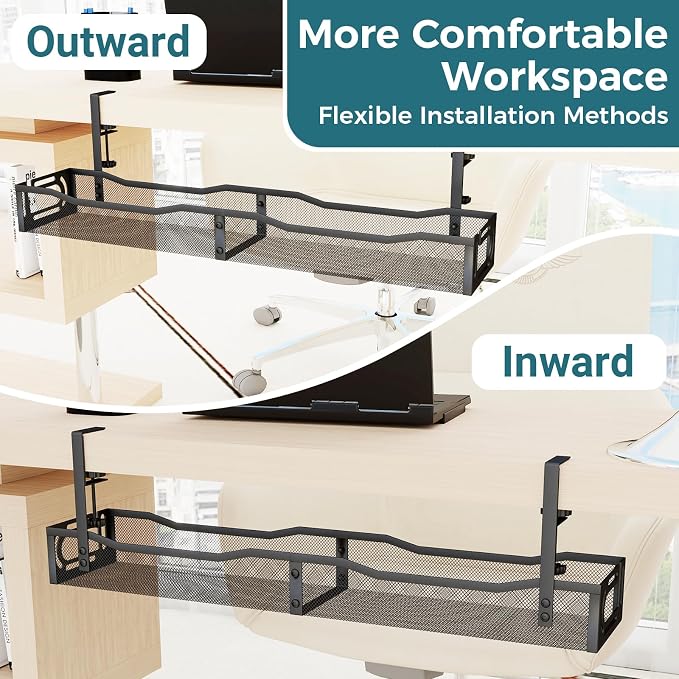 Cable Management Under Desk, 25.3'' No Drill Desk Cable Management Tray with Clamp, Metal Cord Organizer for Standing Desk, Computer Wire Management for Home Office & Gaming Setup, Black - Image 7