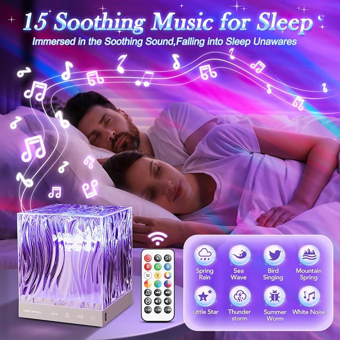 Crystal Lamp for Bedroom, 15 White Noise Machine Room Lights for Bedroom, Bluetooth Music Night Light Projector, RGB Aurora Ocean Light Projector, Remote Dimmable Crystal Table Lamp,Teen Girls Gifts - Image 2