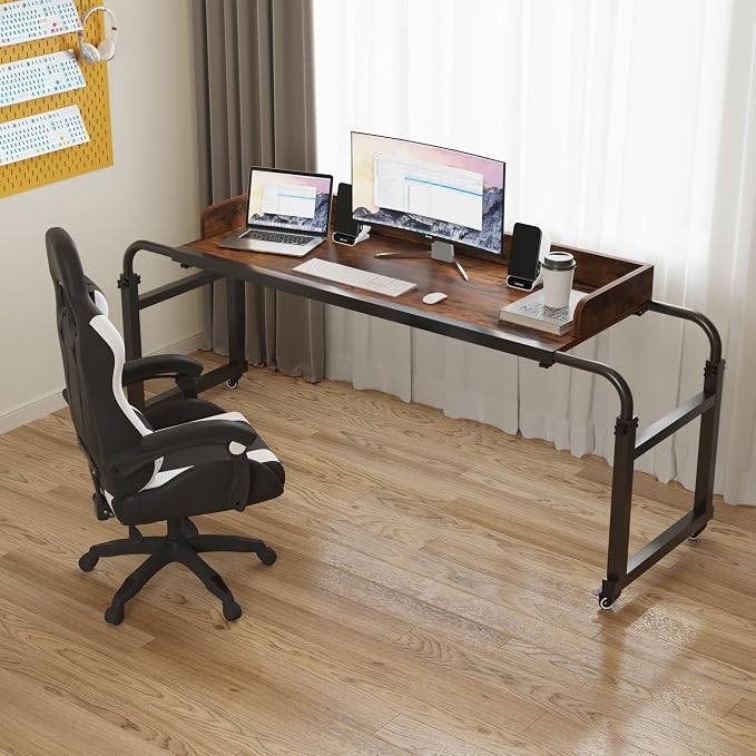 TigerDad Overbed Table with Wheels, Modern Style, Brown, 55.1-82.7x25.6x18.1 inches, 350lbs Weight Capacity - Image 3