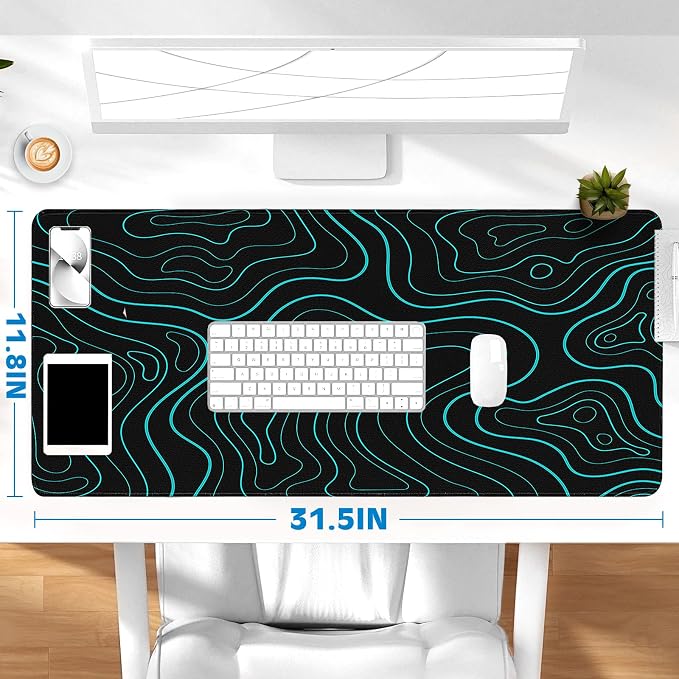Gaming Desk Mat with Silky Smooth Surface & Exquisite Patterns,31.5x11.8 Inches Large-Sized Mouse Pad, Perfect for Extended Gaming,Work,and Home Office Decor (Blue Topographic Lines) - Image 6