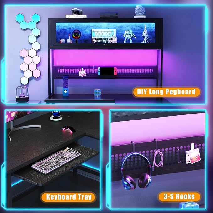 L Shaped Gaming Desk with Power Outlets & LED Lights, 49'' Reversible Computer Desk with Hutch & Pegboard & Display Cabinet, Corner Home Office Desk with Drawer & Keyboard Tray & Storage Bag, Black - Image 7
