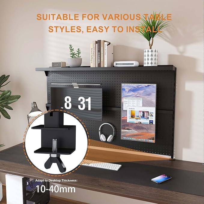 Metal Pegboard Desk Organizer with Dual Monitor Stand, 59x35 Inch Clamp-On Privacy Panel, Carbon Steel Gaming Desk Wall Organizer with 3 Accessories, Black Office Desk Storage System - Image 7
