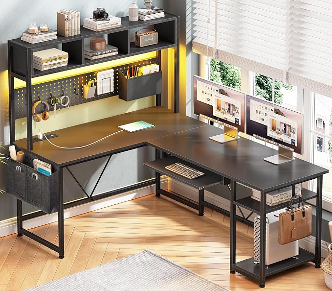 SEDETA L Shaped Gaming Desk with Hutch, 57.5” Reversible Corner Computer Desk with Storage Shelves, Gaming Desk with Pegboard, LED Lights, Power Outlet, Keyboard Tray and Storage Bag, Black - Image 7